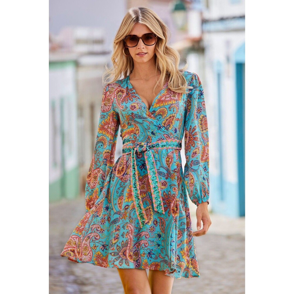 Boston Proper Satin Viscose Blue Floral Paisley Sequin Belted Wrap Dress EUC M